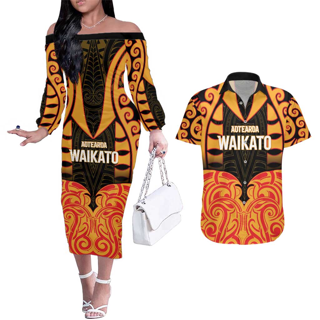 Custom Aotearoa Waikato Couples Matching Off The Shoulder Long Sleeve Dress and Hawaiian Shirt Maori Pattern New Zealand DT05 Orange - Polynesian Pride