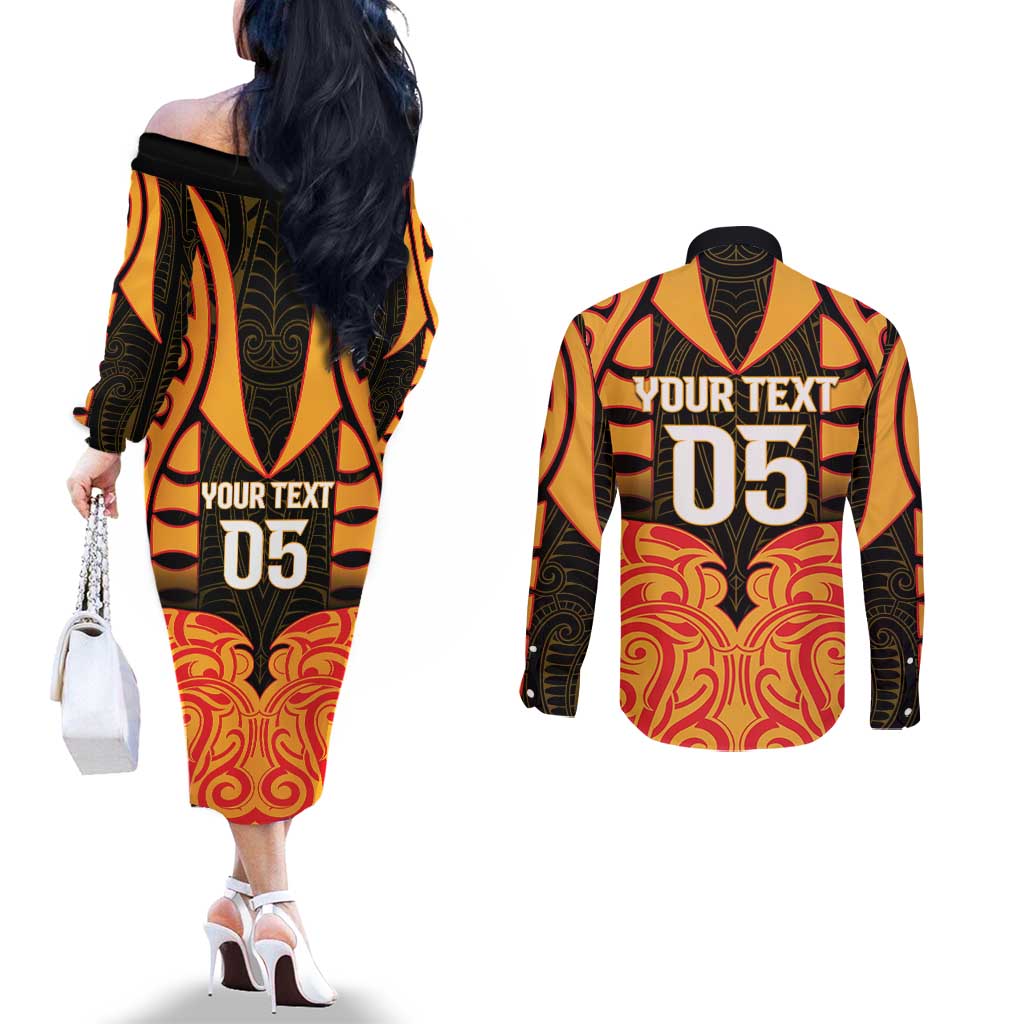 Custom Aotearoa Waikato Couples Matching Off The Shoulder Long Sleeve Dress and Long Sleeve Button Shirt Maori Pattern New Zealand DT05 - Polynesian Pride