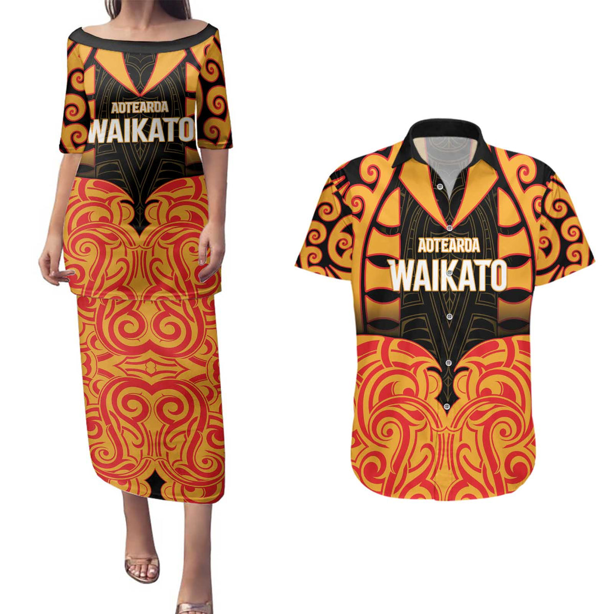 Custom Aotearoa Waikato Couples Matching Puletasi and Hawaiian Shirt Maori Pattern New Zealand DT05 Orange - Polynesian Pride