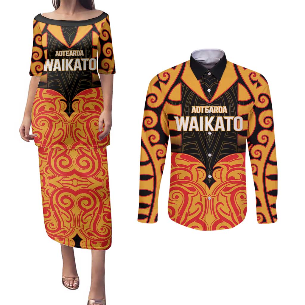 Custom Aotearoa Waikato Couples Matching Puletasi and Long Sleeve Button Shirt Maori Pattern New Zealand DT05 Orange - Polynesian Pride