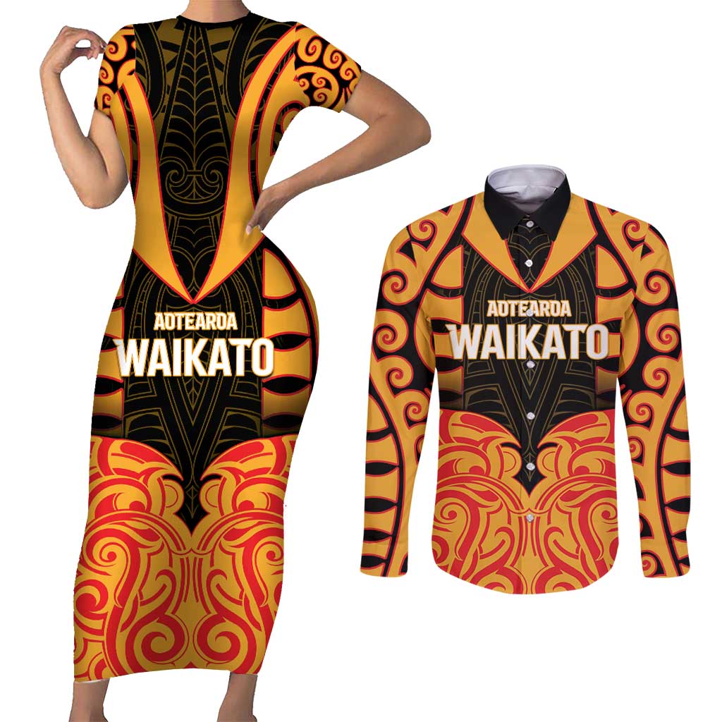 Custom Aotearoa Waikato Couples Matching Short Sleeve Bodycon Dress and Long Sleeve Button Shirt Maori Pattern New Zealand DT05 Orange - Polynesian Pride