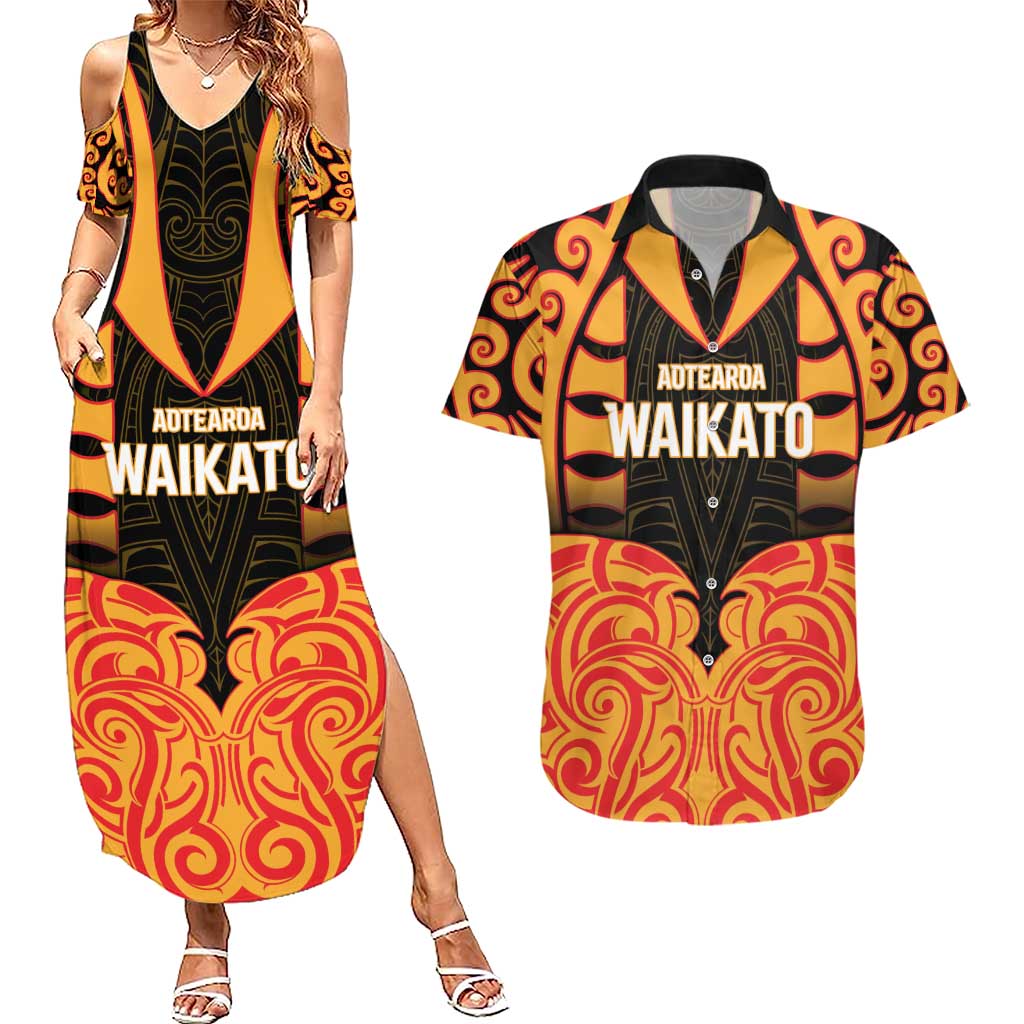 Custom Aotearoa Waikato Couples Matching Summer Maxi Dress and Hawaiian Shirt Maori Pattern New Zealand DT05 Orange - Polynesian Pride