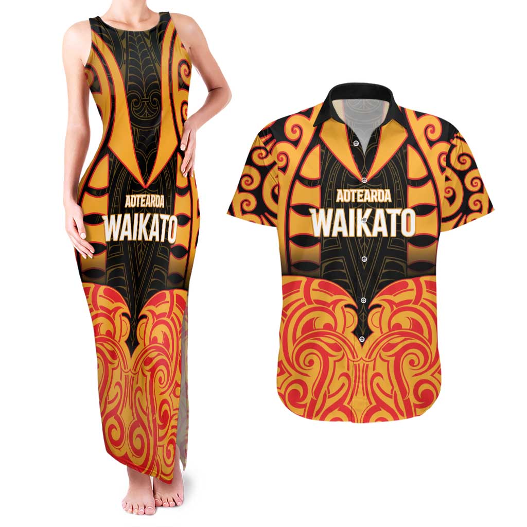 Custom Aotearoa Waikato Couples Matching Tank Maxi Dress and Hawaiian Shirt Maori Pattern New Zealand DT05 Orange - Polynesian Pride