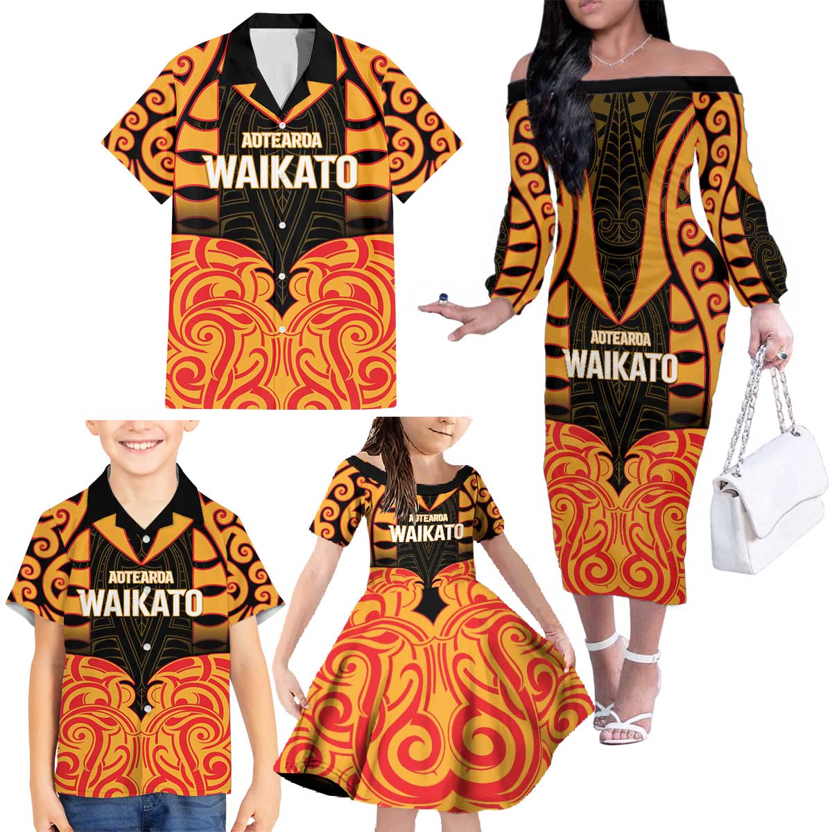 Custom Aotearoa Waikato Family Matching Off The Shoulder Long Sleeve Dress and Hawaiian Shirt Maori Pattern New Zealand DT05 - Polynesian Pride