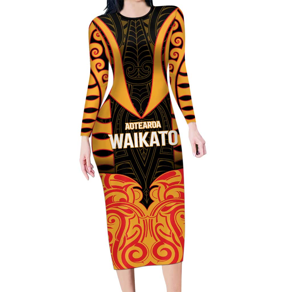 Custom Aotearoa Waikato Long Sleeve Bodycon Dress Maori Pattern New Zealand - Polynesian Pride