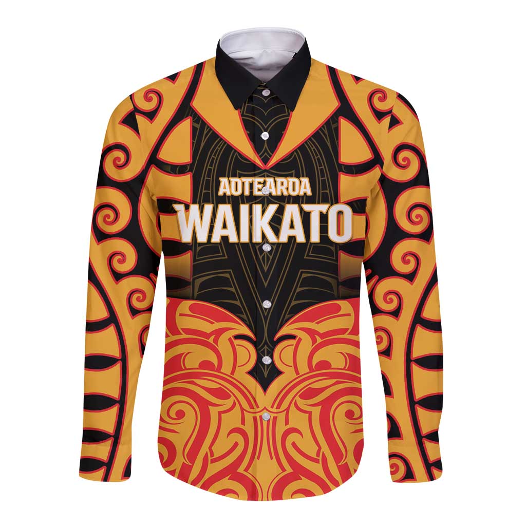 Custom Aotearoa Waikato Long Sleeve Button Shirt Maori Pattern New Zealand DT05 Unisex Orange - Polynesian Pride