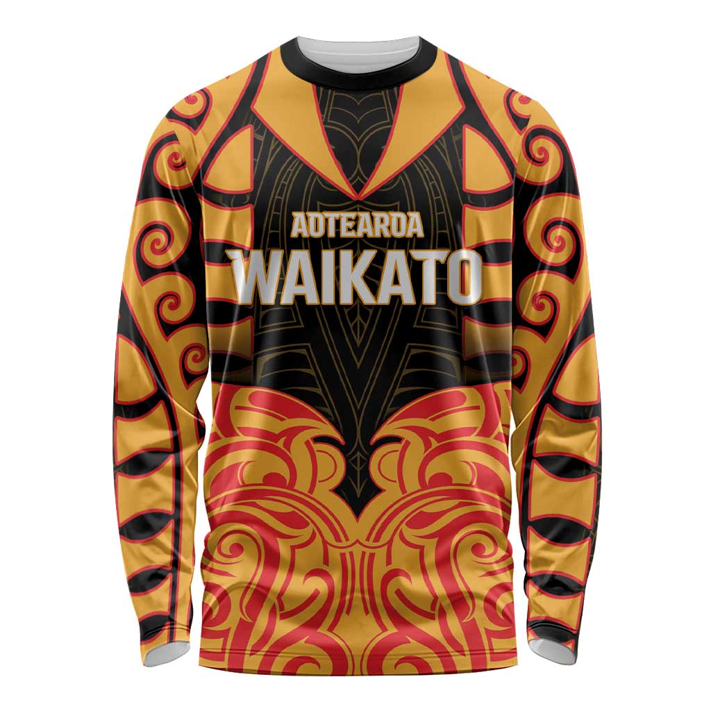 Custom Aotearoa Waikato Long Sleeve Shirt Maori Pattern New Zealand DT05 Unisex Orange - Polynesian Pride