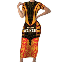 Custom Aotearoa Waikato Short Sleeve Bodycon Dress Maori Pattern New Zealand - Polynesian Pride