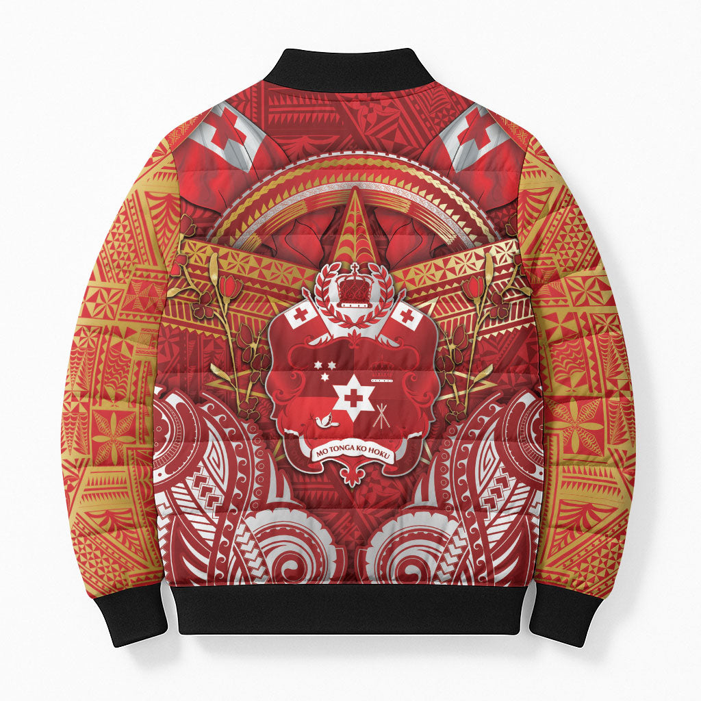 Tonga King's Birthday Bomber Puffer Jacket Gold Royal Crown Tribal Patterns
