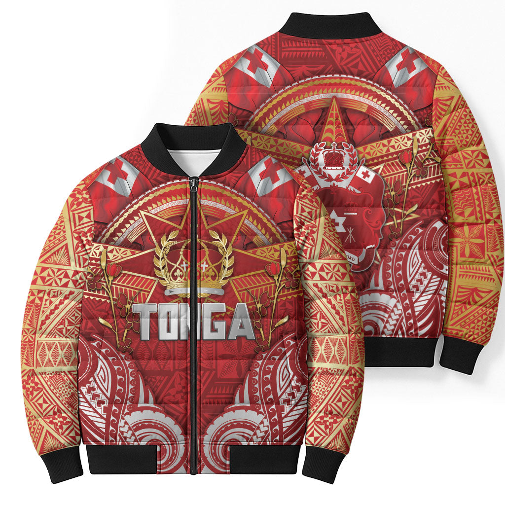 Tonga King's Birthday Bomber Puffer Jacket Gold Royal Crown Tribal Patterns