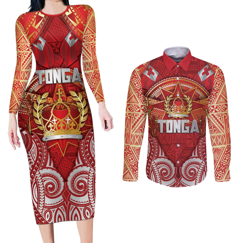 Tonga King's Birthday Couples Matching Long Sleeve Bodycon Dress and Long Sleeve Button Shirt Gold Royal Crown Tribal Patterns DT05 Red - Polynesian Pride