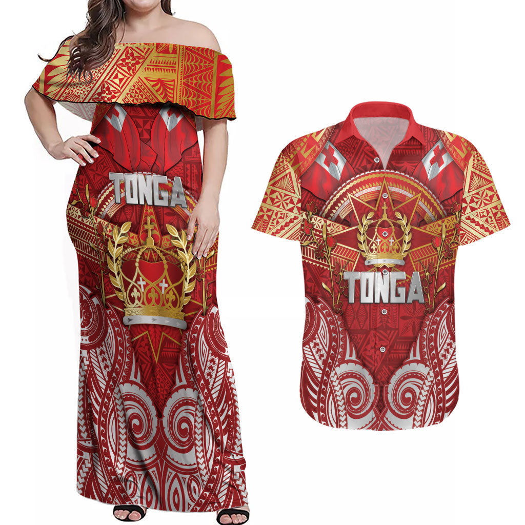 Tonga King's Birthday Couples Matching Off Shoulder Maxi Dress and Hawaiian Shirt Gold Royal Crown Tribal Patterns