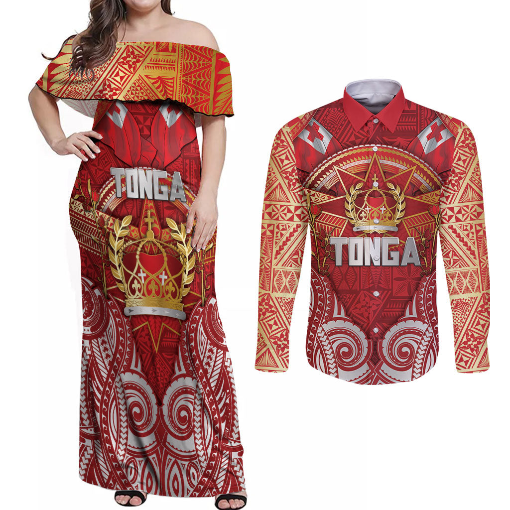Tonga King's Birthday Couples Matching Off Shoulder Maxi Dress and Long Sleeve Button Shirt Gold Royal Crown Tribal Patterns