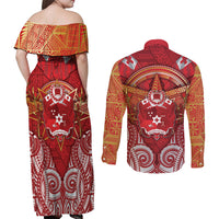 Tonga King's Birthday Couples Matching Off Shoulder Maxi Dress and Long Sleeve Button Shirt Gold Royal Crown Tribal Patterns