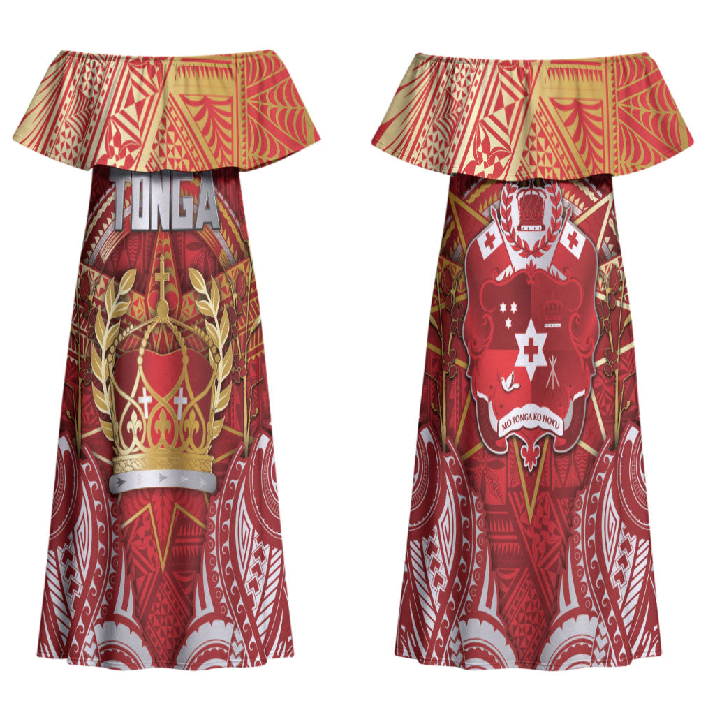 Tonga King's Birthday Couples Matching Off Shoulder Maxi Dress and Long Sleeve Button Shirt Gold Royal Crown Tribal Patterns DT05 - Polynesian Pride