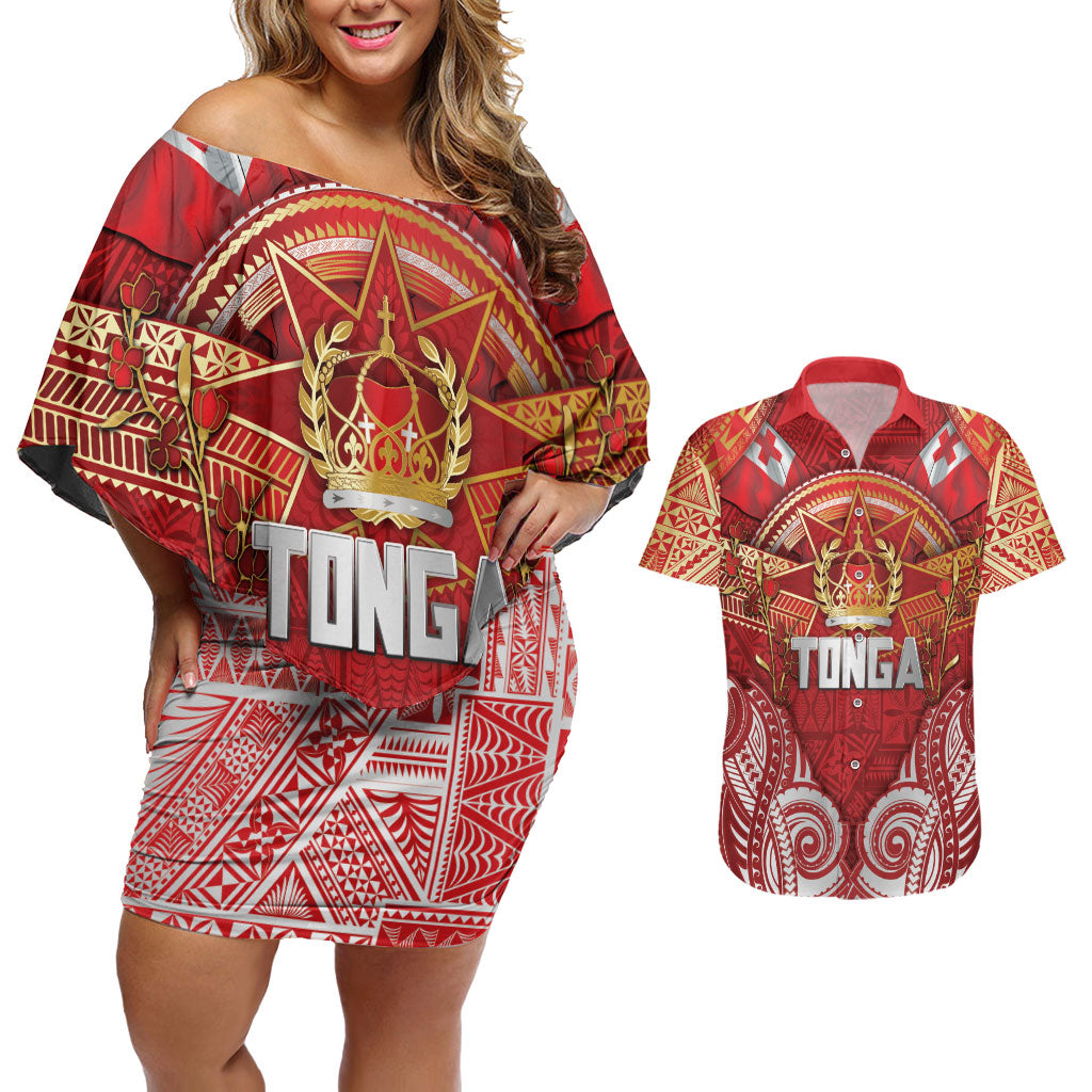 Tonga King's Birthday Couples Matching Off Shoulder Short Dress and Hawaiian Shirt Gold Royal Crown Tribal Patterns