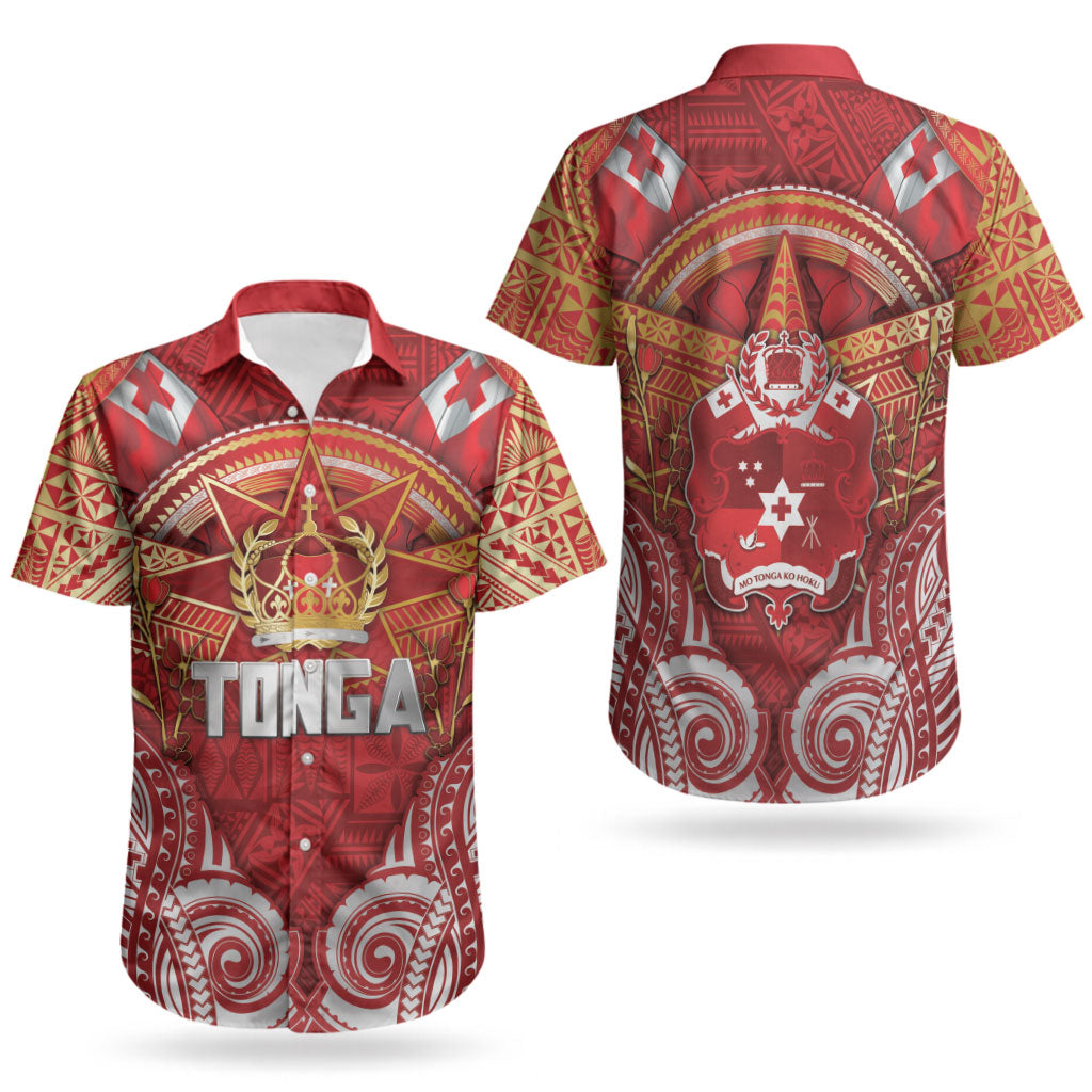 Tonga King's Birthday Couples Matching Off Shoulder Short Dress and Hawaiian Shirt Gold Royal Crown Tribal Patterns DT05 - Polynesian Pride