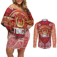 Tonga King's Birthday Couples Matching Off Shoulder Short Dress and Long Sleeve Button Shirt Gold Royal Crown Tribal Patterns