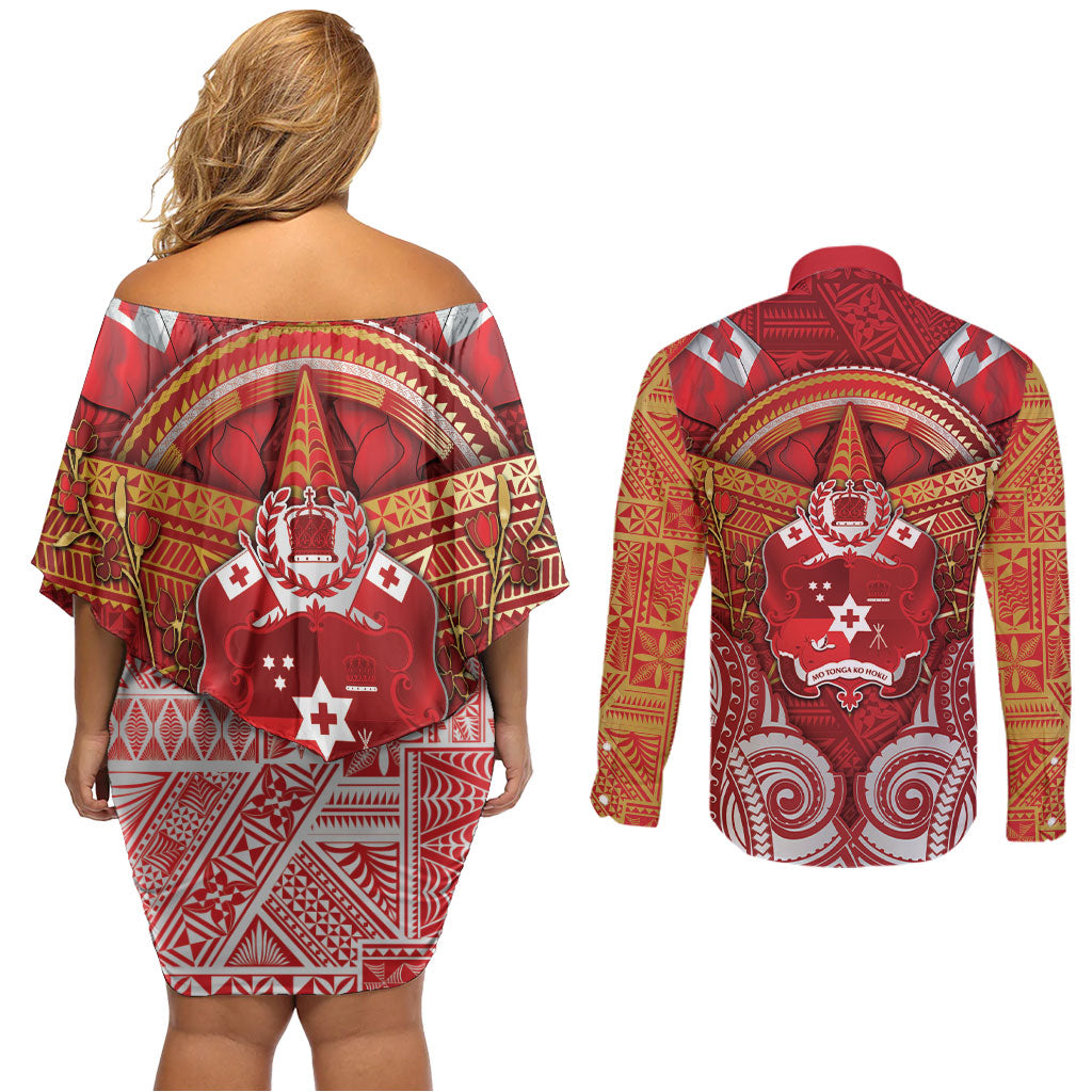 Tonga King's Birthday Couples Matching Off Shoulder Short Dress and Long Sleeve Button Shirt Gold Royal Crown Tribal Patterns