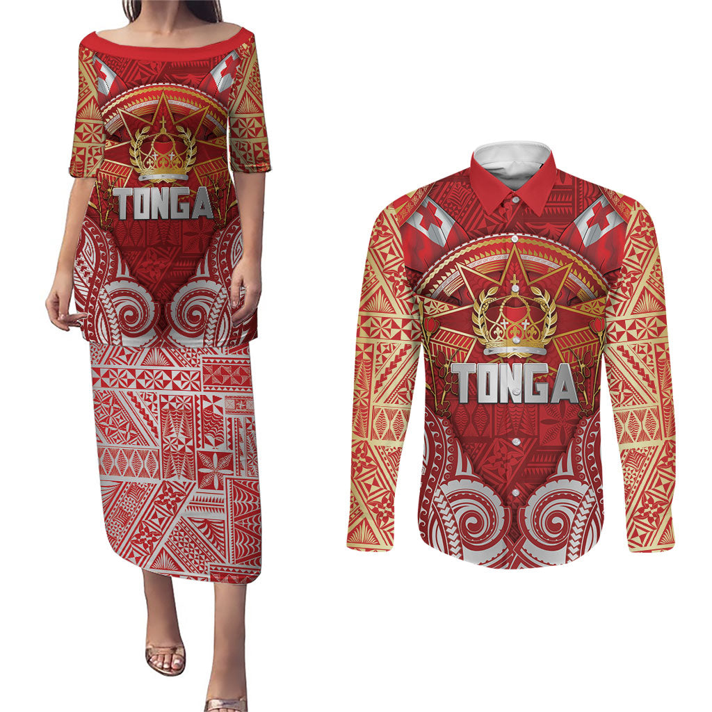Tonga King's Birthday Couples Matching Puletasi and Long Sleeve Button Shirt Gold Royal Crown Tribal Patterns DT05 Red - Polynesian Pride