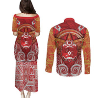 Tonga King's Birthday Couples Matching Puletasi and Long Sleeve Button Shirt Gold Royal Crown Tribal Patterns