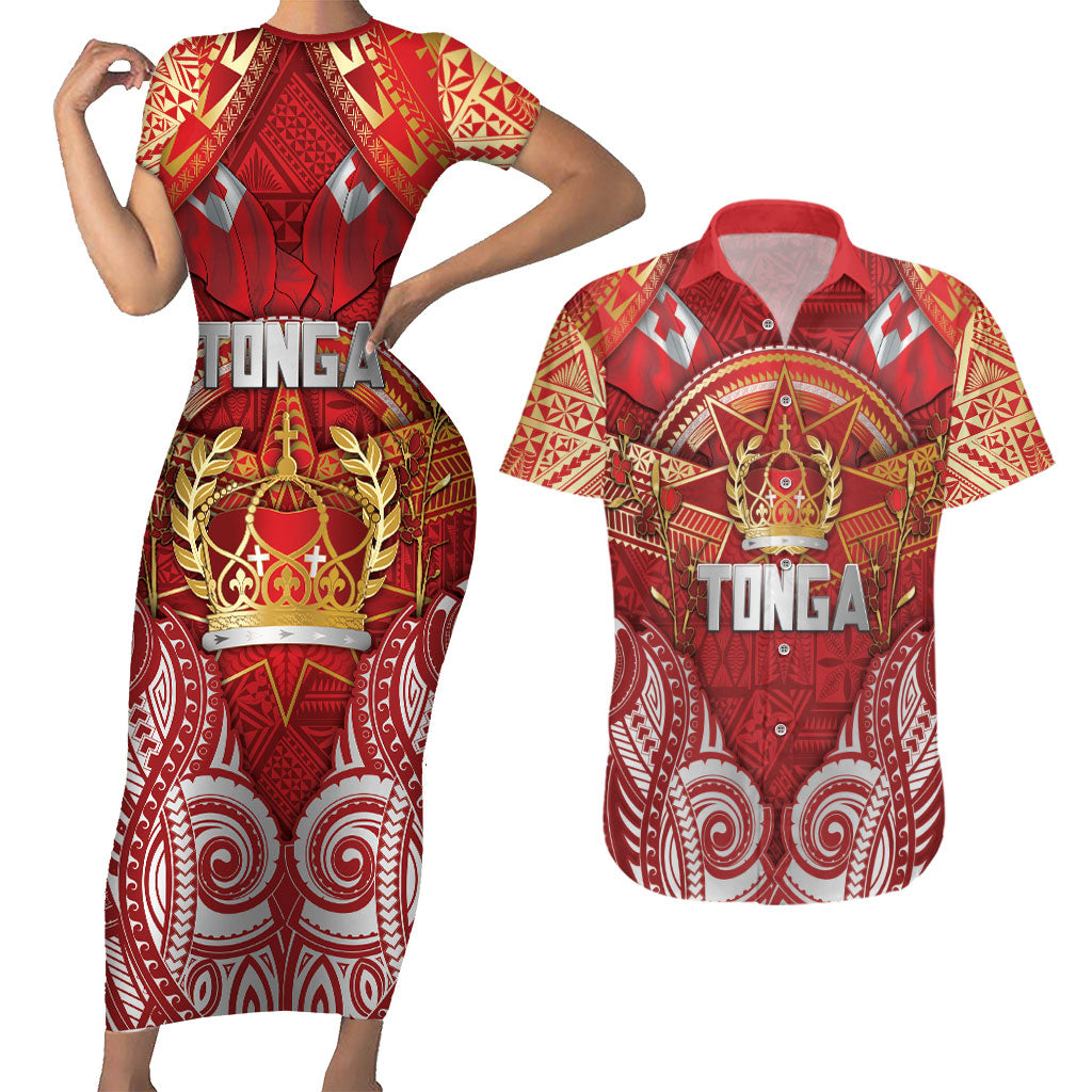 Tonga King's Birthday Couples Matching Short Sleeve Bodycon Dress and Hawaiian Shirt Gold Royal Crown Tribal Patterns