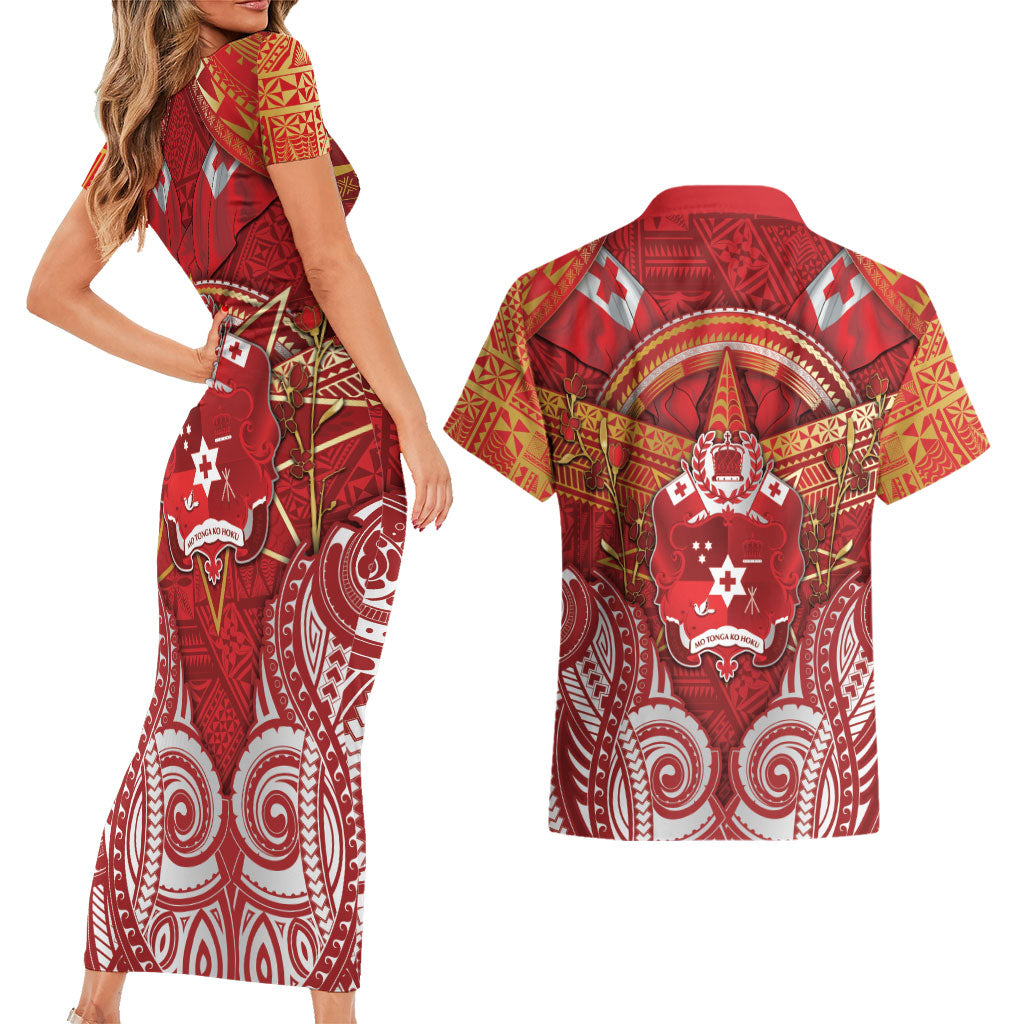 Tonga King's Birthday Couples Matching Short Sleeve Bodycon Dress and Hawaiian Shirt Gold Royal Crown Tribal Patterns
