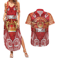 Tonga King's Birthday Couples Matching Summer Maxi Dress and Hawaiian Shirt Gold Royal Crown Tribal Patterns