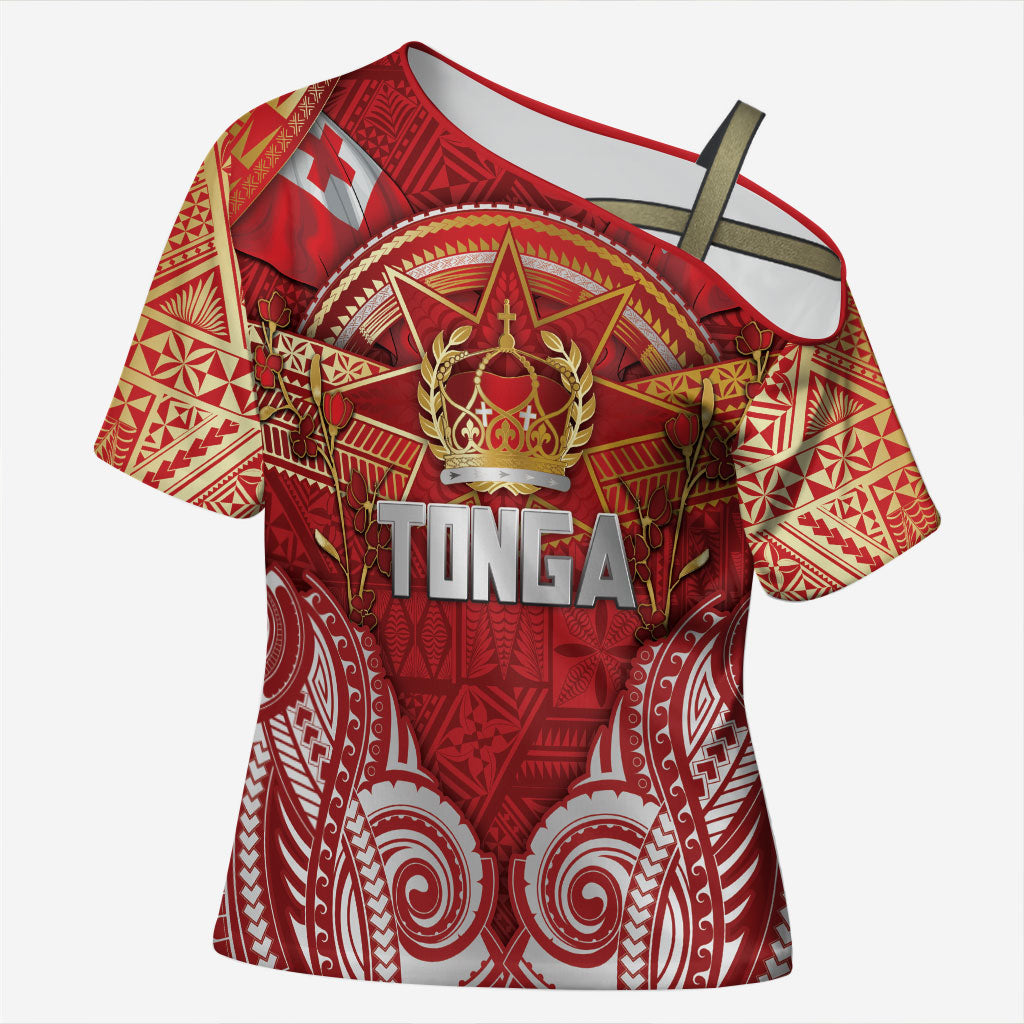 Tonga King's Birthday Cross Shoulder Shirt Gold Royal Crown Tribal Patterns DT05 Female Red - Polynesian Pride