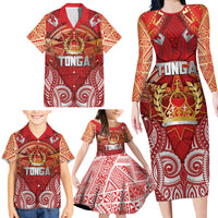 Tonga King's Birthday Family Matching Long Sleeve Bodycon Dress and Hawaiian Shirt Gold Royal Crown Tribal Patterns