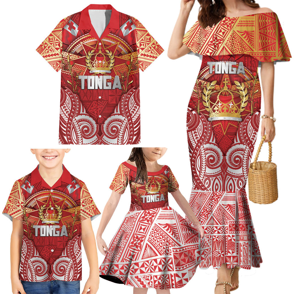 Tonga King's Birthday Family Matching Mermaid Dress and Hawaiian Shirt Gold Royal Crown Tribal Patterns