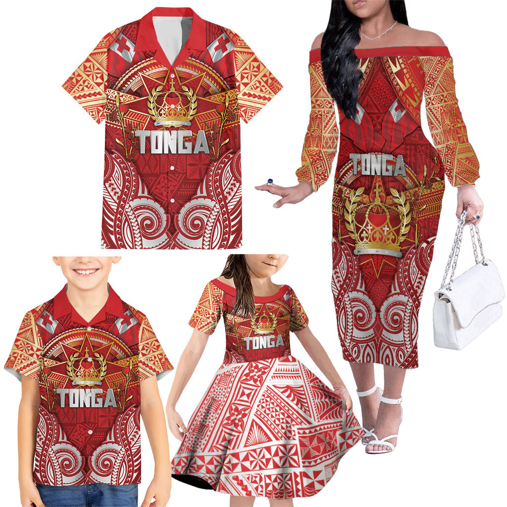 Tonga King's Birthday Family Matching Off The Shoulder Long Sleeve Dress and Hawaiian Shirt Gold Royal Crown Tribal Patterns DT05 - Polynesian Pride