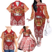Tonga King's Birthday Family Matching Off The Shoulder Long Sleeve Dress and Hawaiian Shirt Gold Royal Crown Tribal Patterns