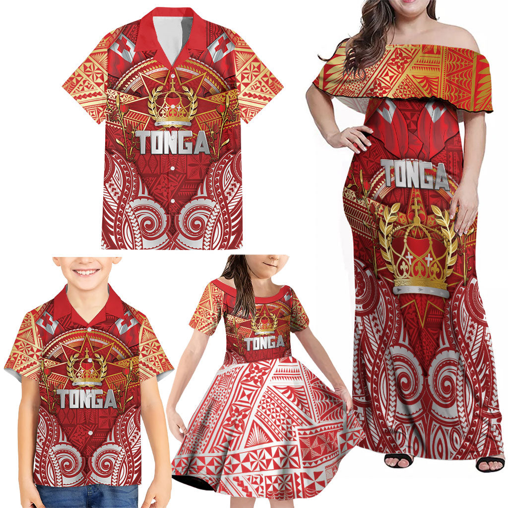 Tonga King's Birthday Family Matching Off Shoulder Maxi Dress and Hawaiian Shirt Gold Royal Crown Tribal Patterns