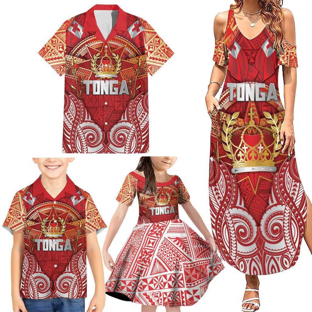 Tonga King's Birthday Family Matching Summer Maxi Dress and Hawaiian Shirt Gold Royal Crown Tribal Patterns