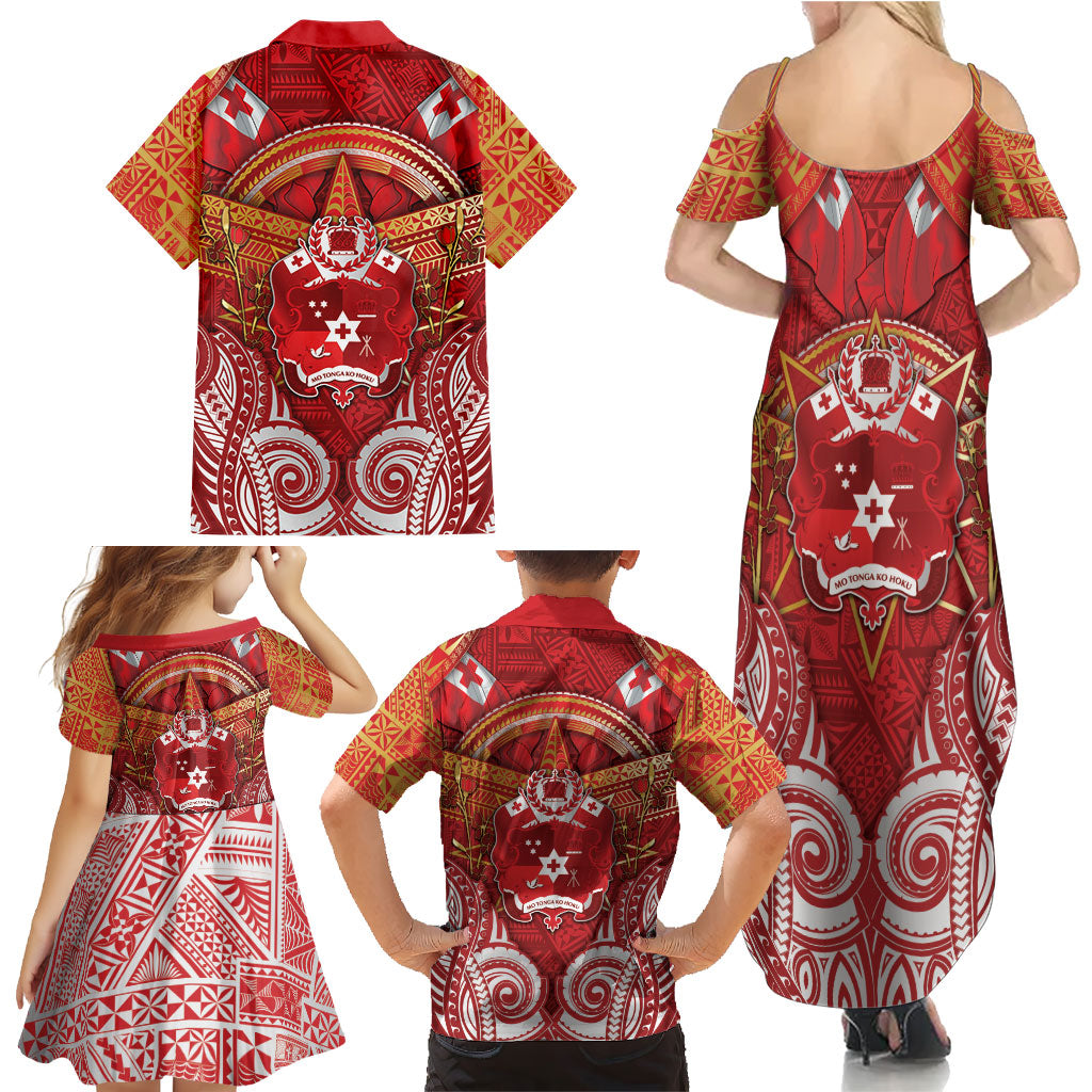 Tonga King's Birthday Family Matching Summer Maxi Dress and Hawaiian Shirt Gold Royal Crown Tribal Patterns
