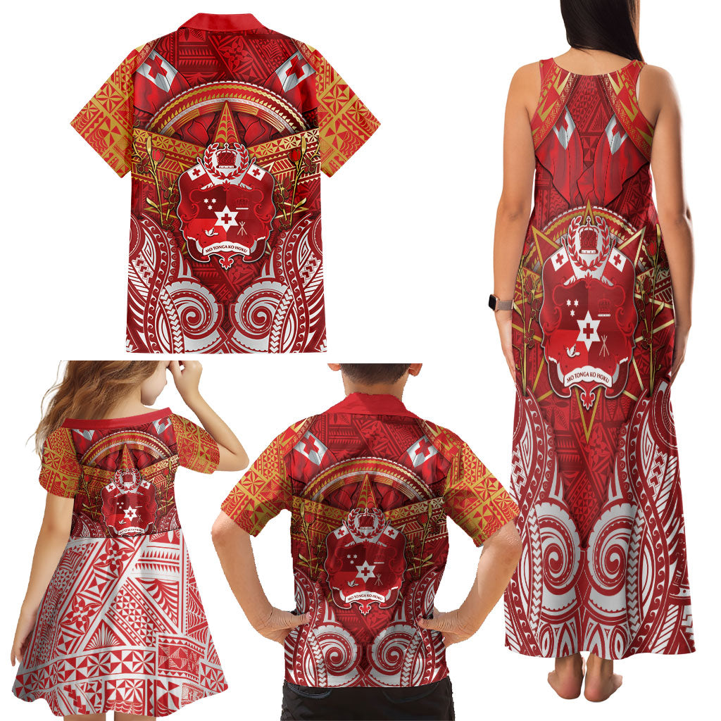 Tonga King's Birthday Family Matching Tank Maxi Dress and Hawaiian Shirt Gold Royal Crown Tribal Patterns