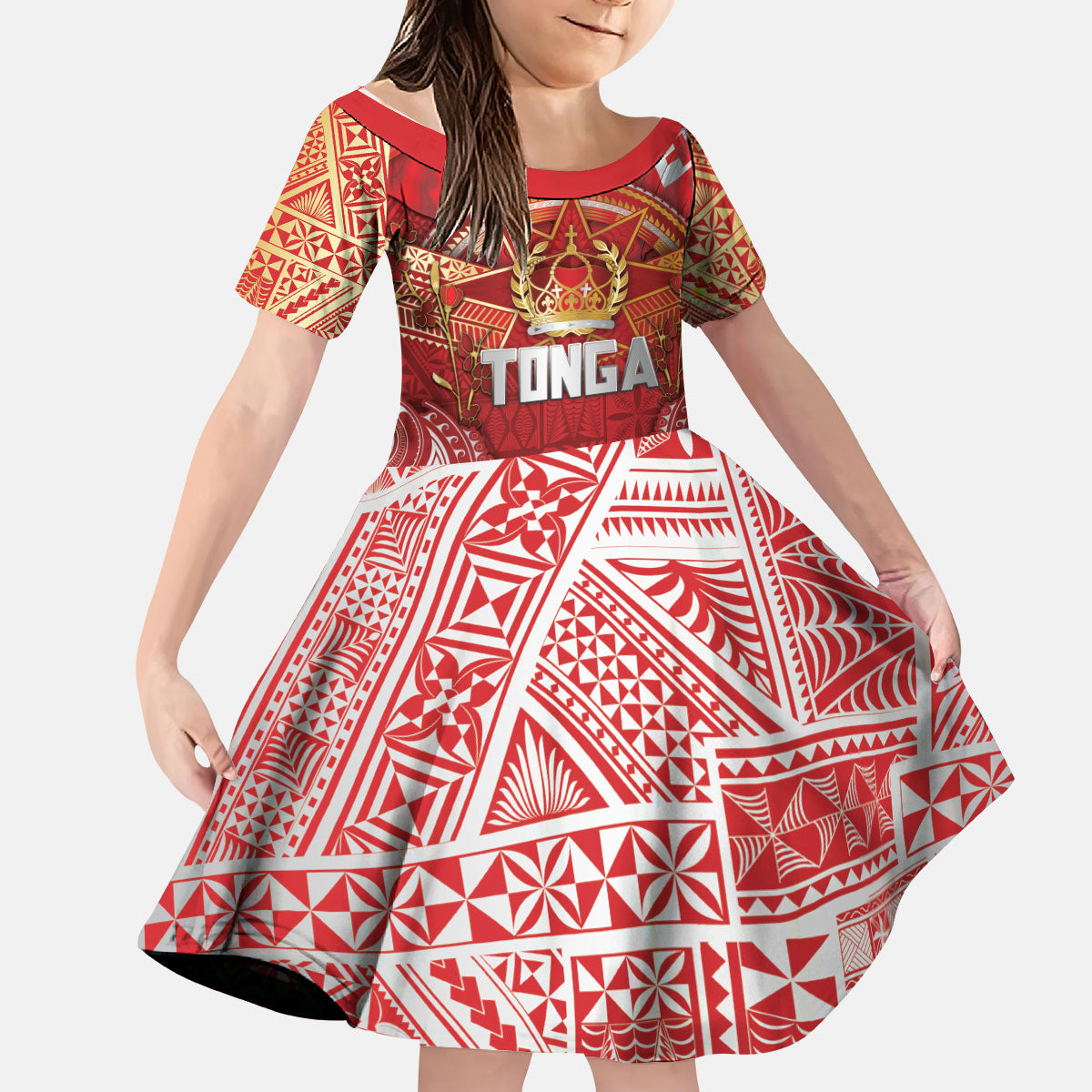Tonga King's Birthday Kid Short Sleeve Dress Gold Royal Crown Tribal Patterns