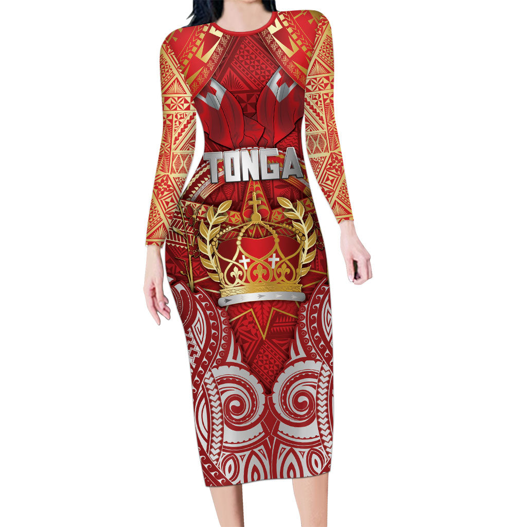 Tonga King's Birthday Long Sleeve Bodycon Dress Gold Royal Crown Tribal Patterns