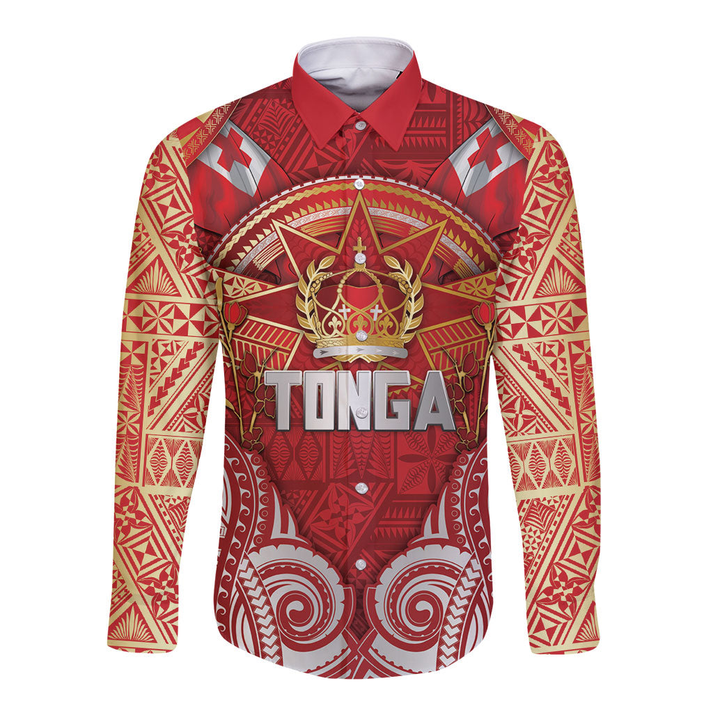 Tonga King's Birthday Long Sleeve Button Shirt Gold Royal Crown Tribal Patterns DT05 Unisex Red - Polynesian Pride