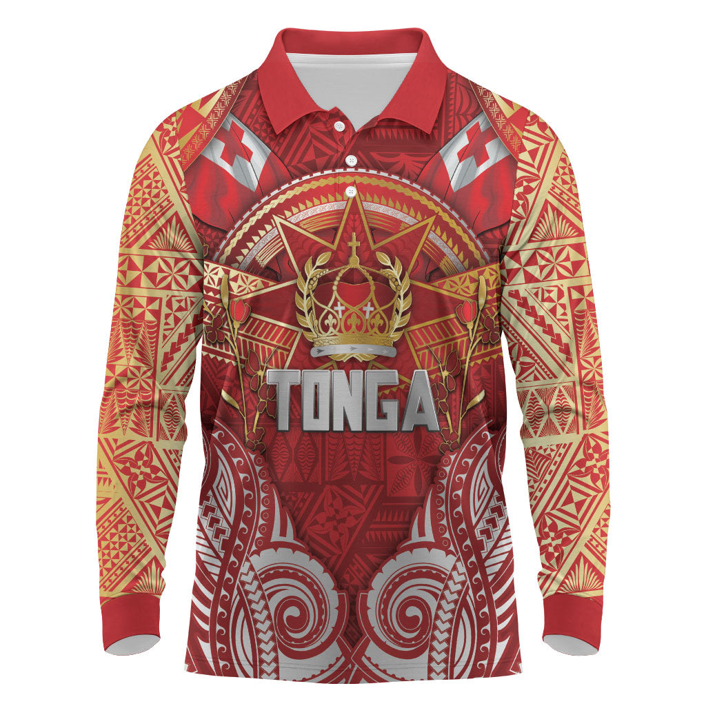 Tonga King's Birthday Long Sleeve Polo Shirt Gold Royal Crown Tribal Patterns