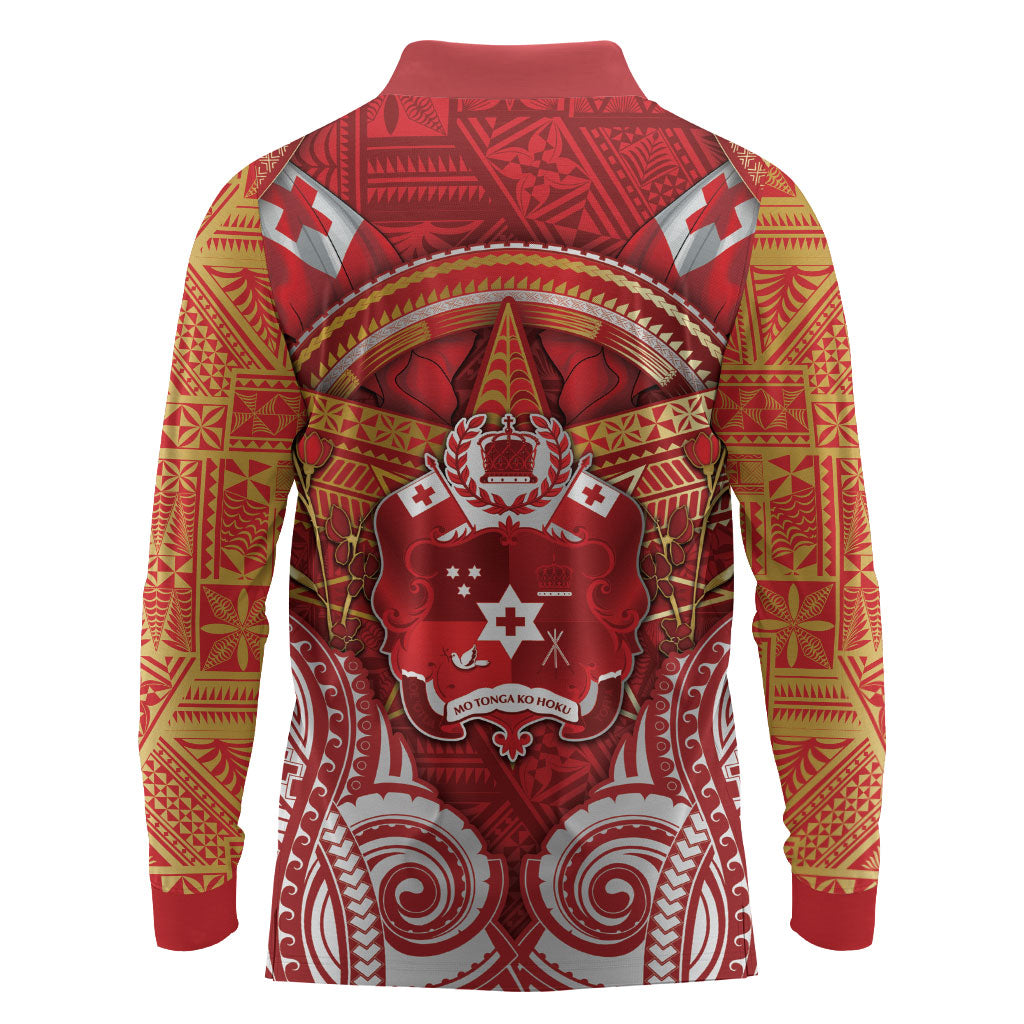 Tonga King's Birthday Long Sleeve Polo Shirt Gold Royal Crown Tribal Patterns