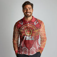 Tonga King's Birthday Long Sleeve Polo Shirt Gold Royal Crown Tribal Patterns