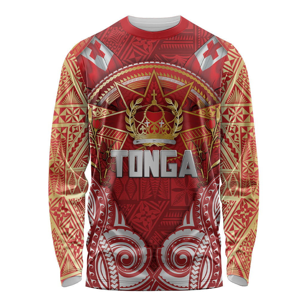 Tonga King's Birthday Long Sleeve Shirt Gold Royal Crown Tribal Patterns DT05 Unisex Red - Polynesian Pride