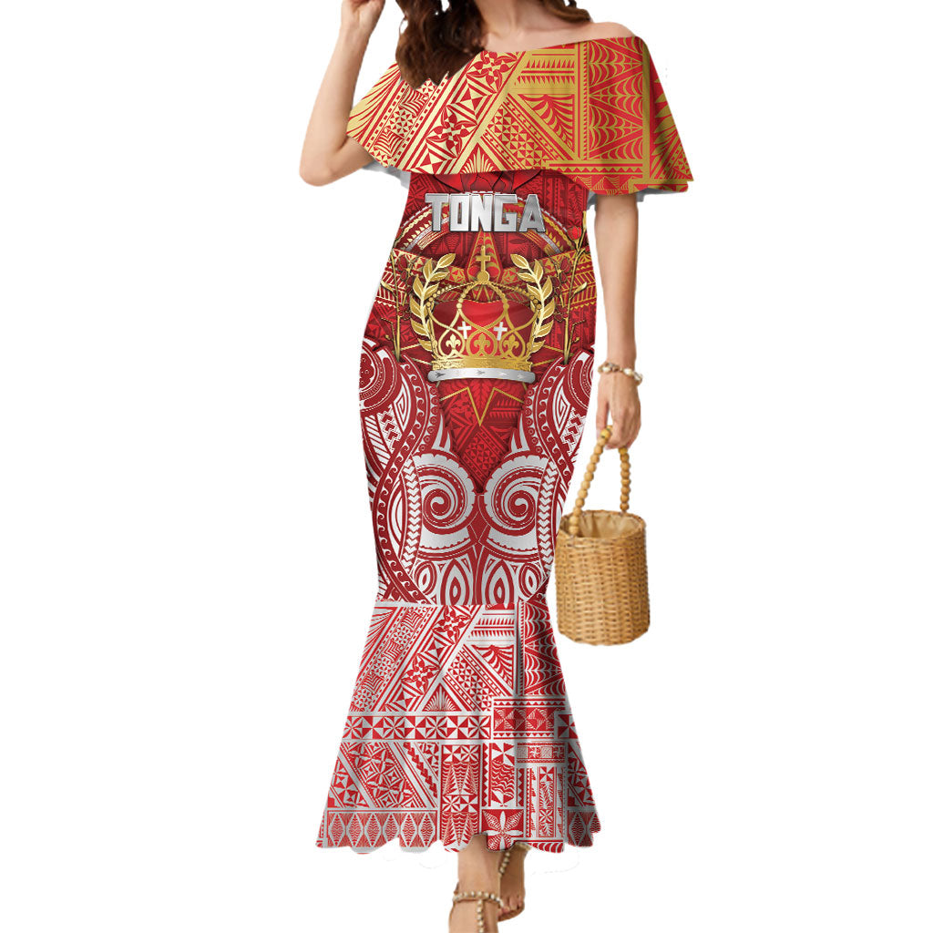 Tonga King's Birthday Mermaid Dress Gold Royal Crown Tribal Patterns