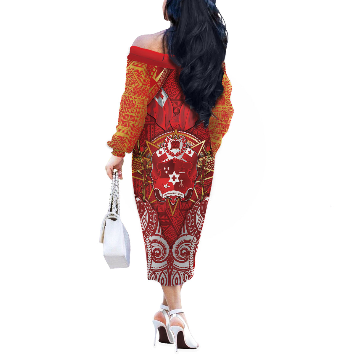 Tonga King's Birthday Off The Shoulder Long Sleeve Dress Gold Royal Crown Tribal Patterns