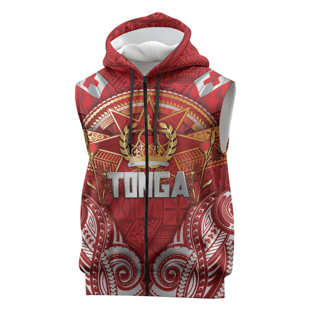 Tonga King's Birthday Sleeveless Zip Hoodie Gold Royal Crown Tribal Patterns