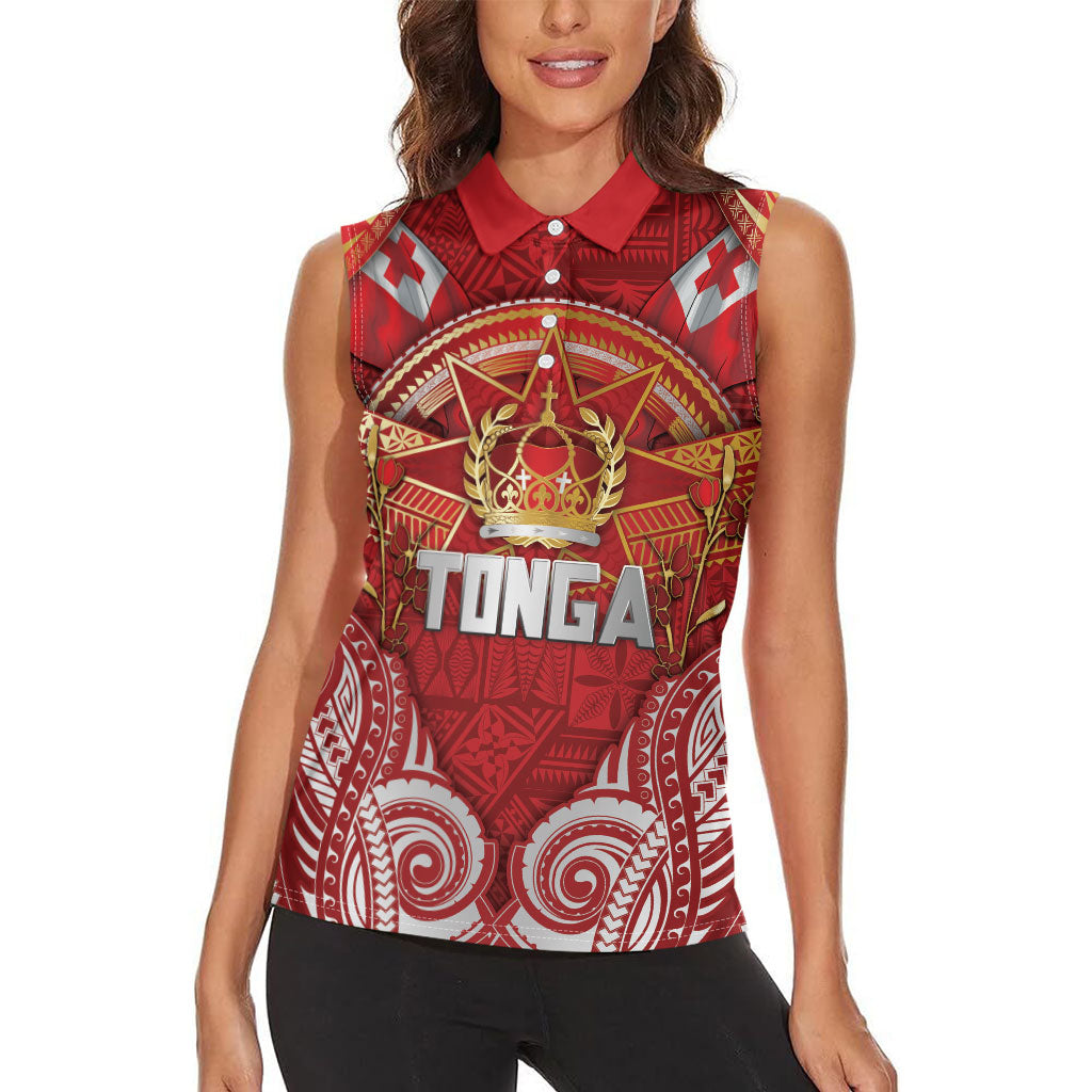 Tonga King's Birthday Women Sleeveless Polo Shirt Gold Royal Crown Tribal Patterns