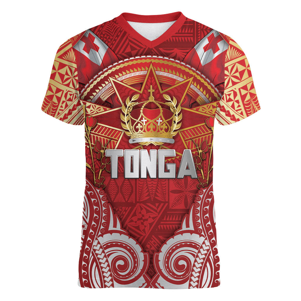 Tonga King's Birthday Women V-Neck T-Shirt Gold Royal Crown Tribal Patterns DT05 Female Red - Polynesian Pride