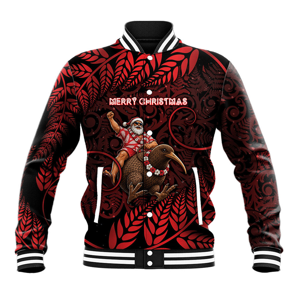 New Zealand Christmas Baseball Jacket Red Santa Riding Kiwi Bird Silver Fern DT05 Unisex Red - Polynesian Pride